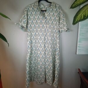 Linda Anderson Cotton Blue Green Leaf Print Loose Fitting V Neck Maxi Dress L